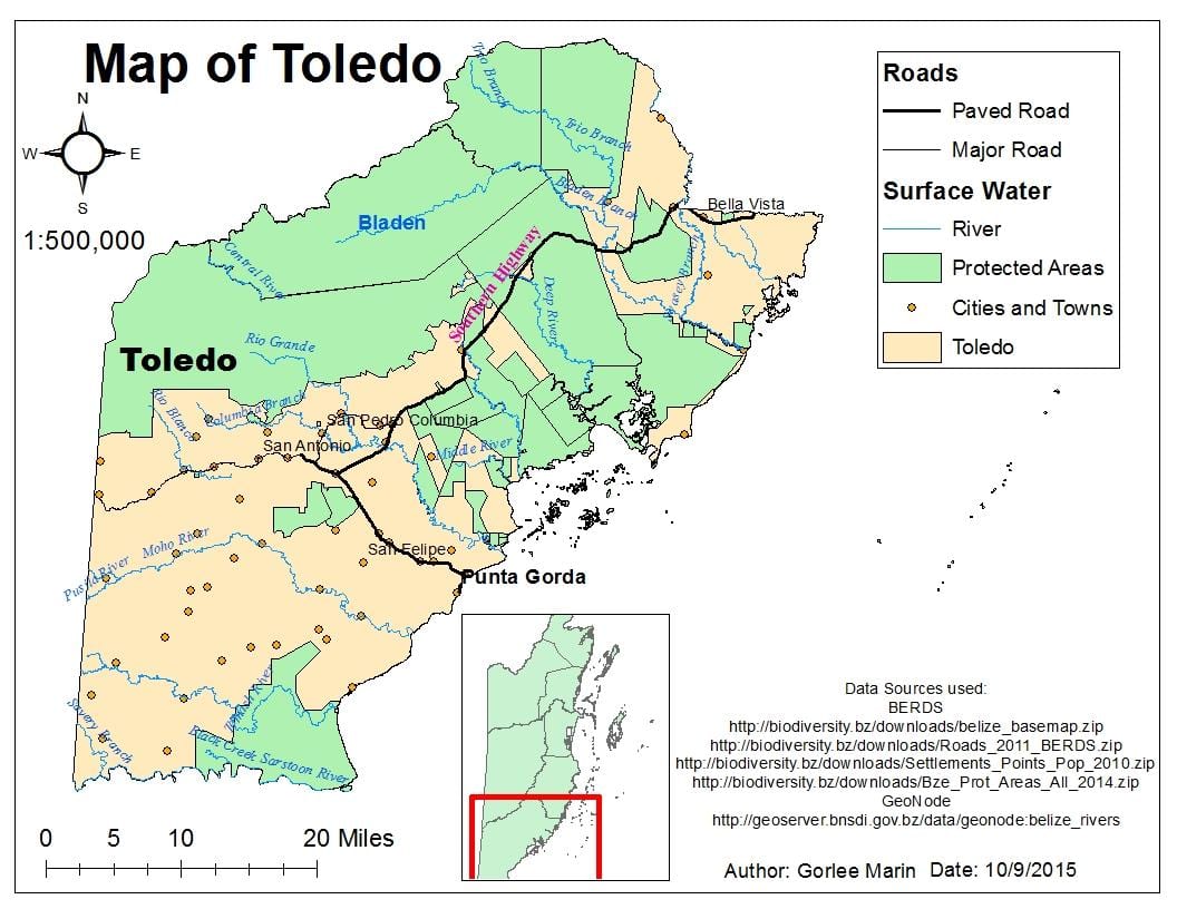 মানচিত্র এর toledo জেলা বেলিজ